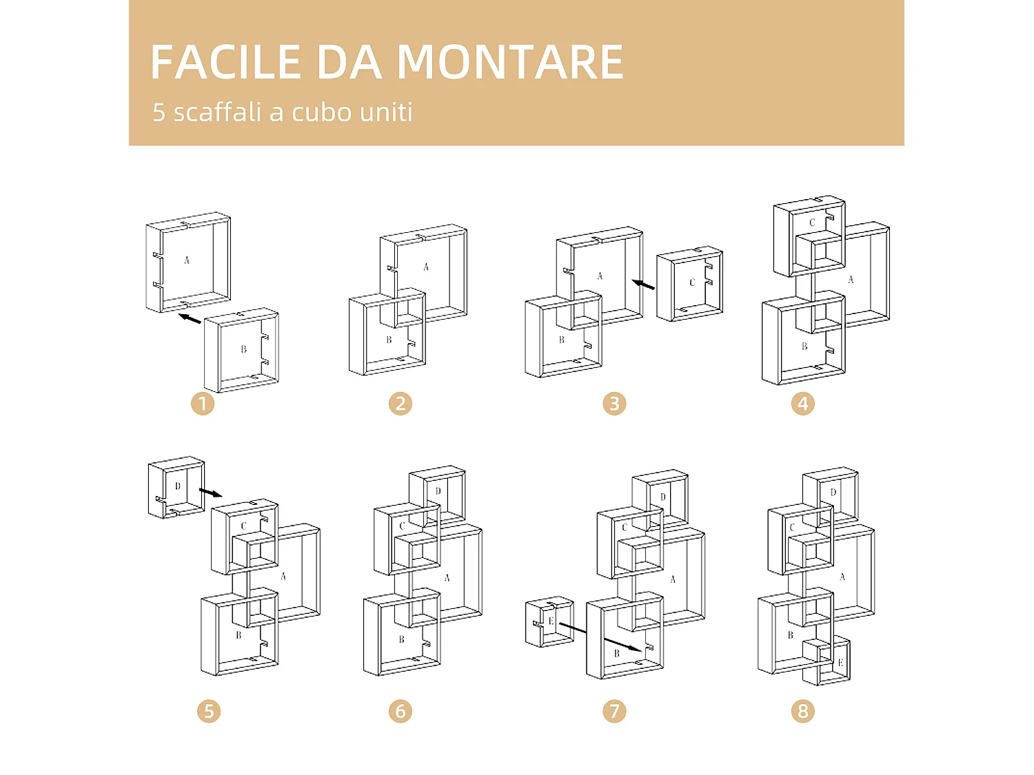 Libreria moderna sospesa con 5 cubi intrecciati in legno bianco