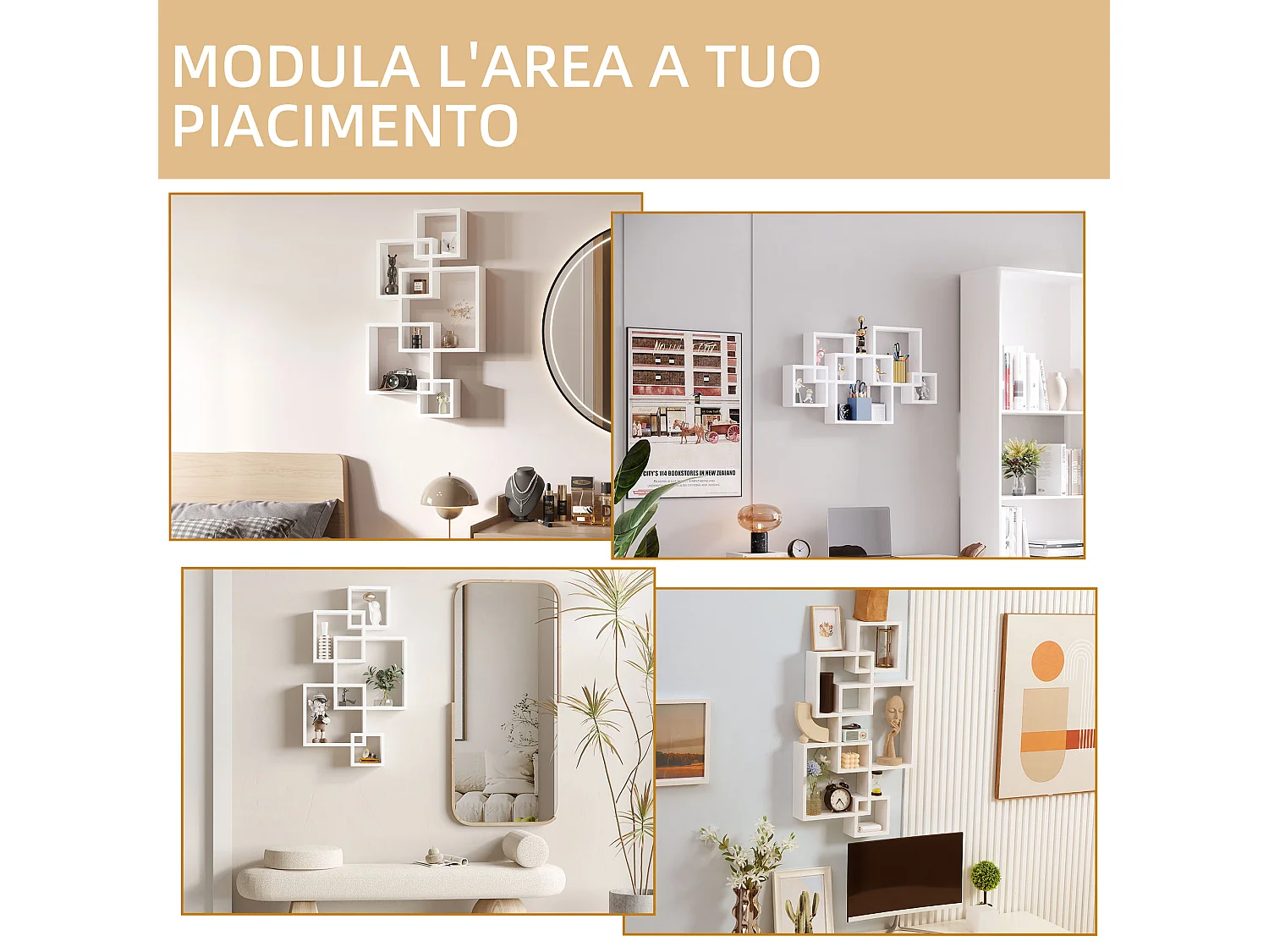 Libreria moderna sospesa con 5 cubi intrecciati in legno bianco