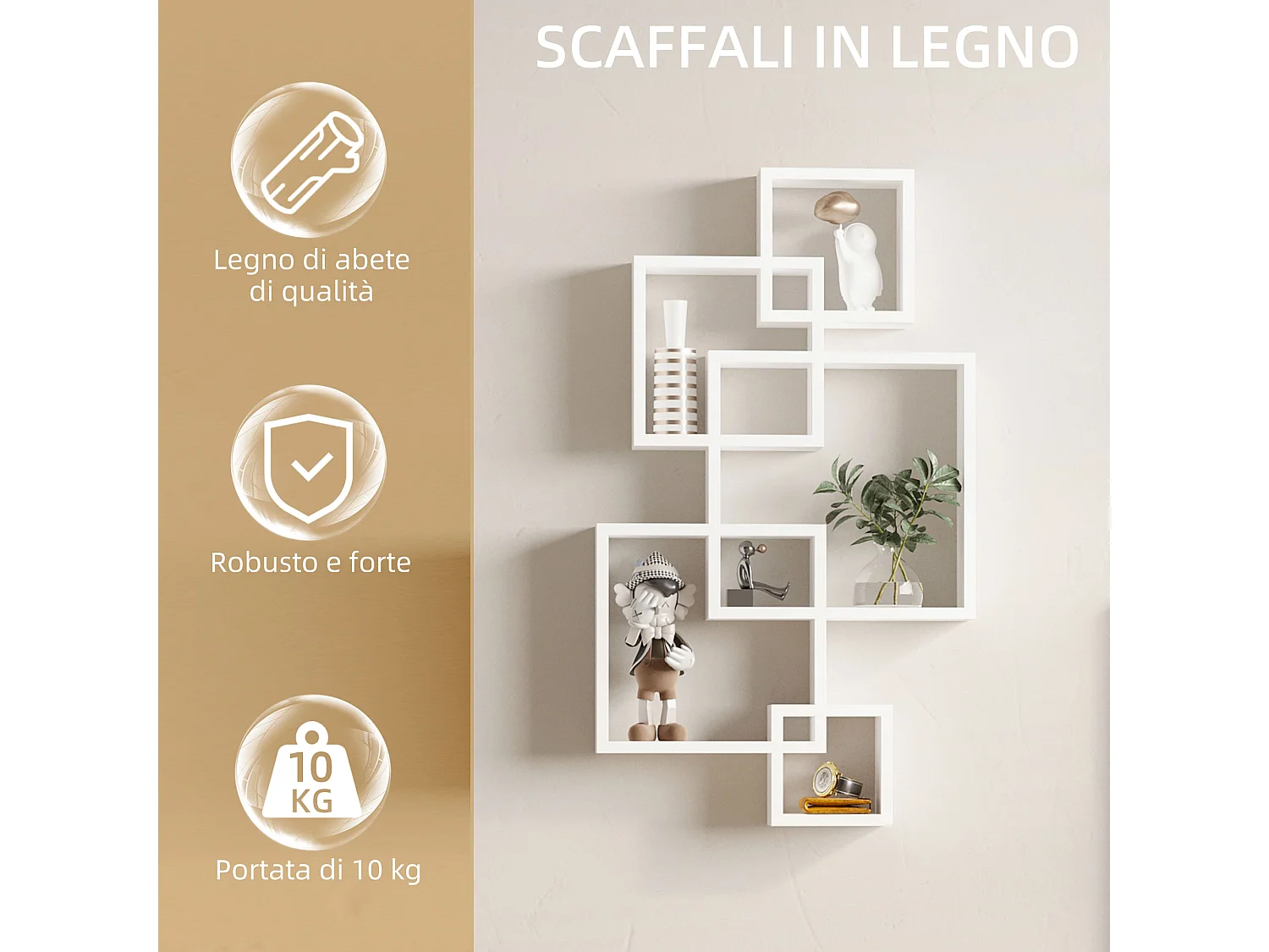 Libreria moderna sospesa con 5 cubi intrecciati in legno bianco