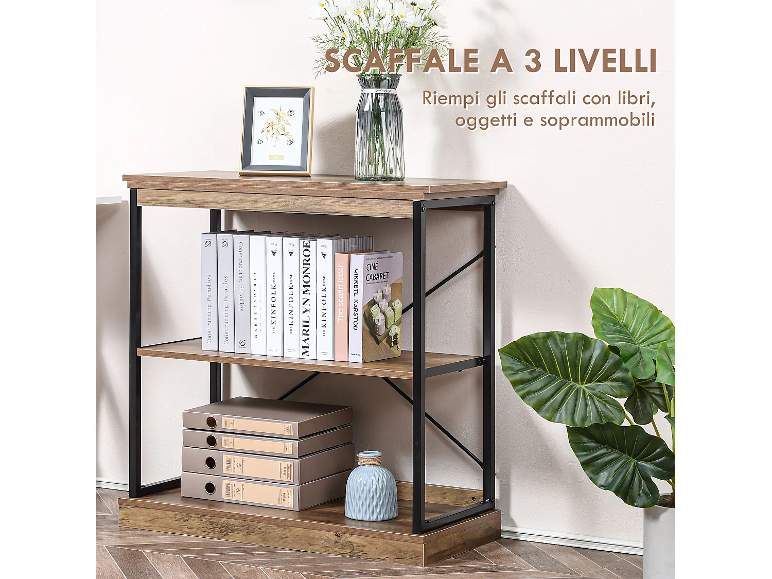 Scaffale libreria industriale mobile multiuso 80x36x81.3cm