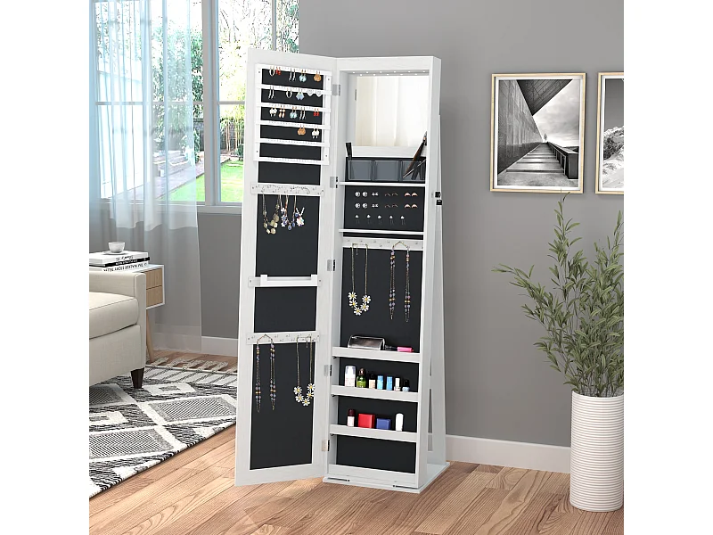 Specchio portagioie a led con 4 scaffali e spazi portaoggetti bianco