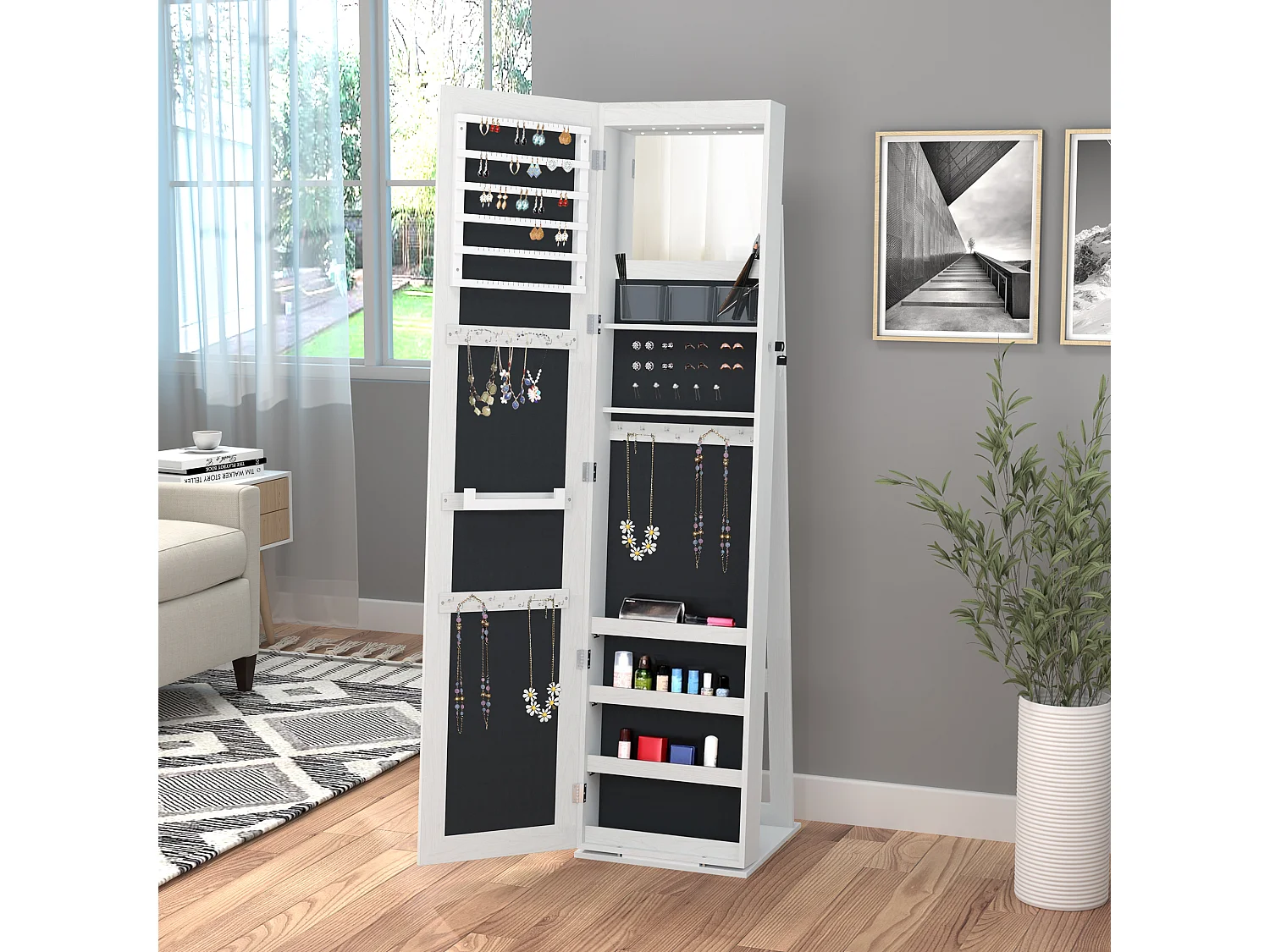 Specchio portagioie a led con 4 scaffali e spazi portaoggetti bianco