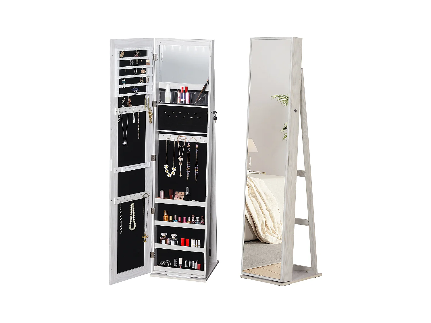 Specchio portagioie a led con 4 scaffali e spazi portaoggetti bianco