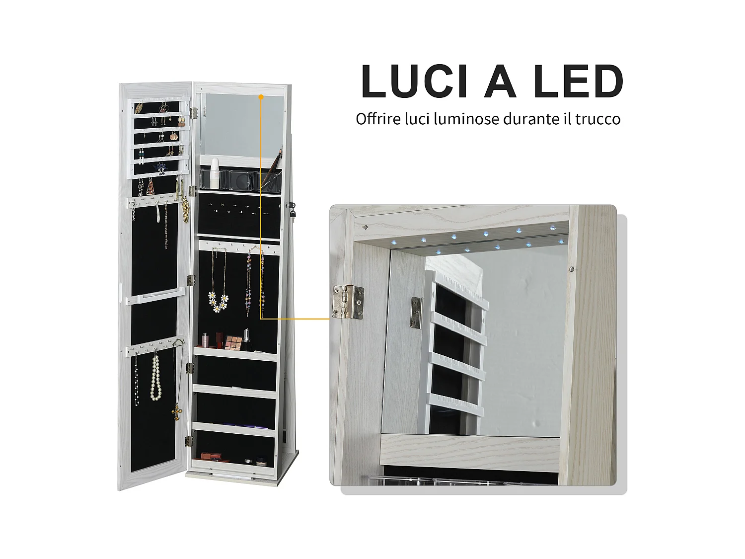 Specchio portagioie a led con 4 scaffali e spazi portaoggetti bianco