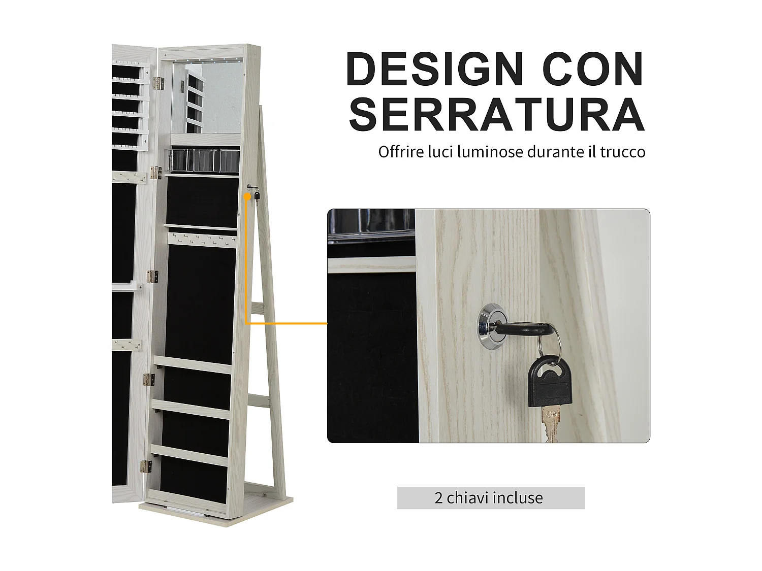 Specchio portagioie a led con 4 scaffali e spazi portaoggetti bianco