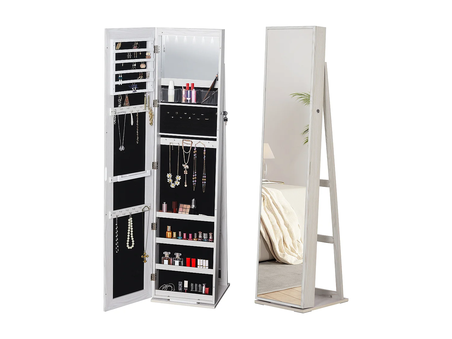 Specchio portagioie a led con 4 scaffali e spazi portaoggetti bianco