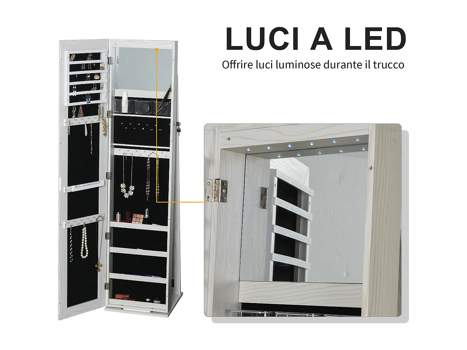 Specchio portagioie a led con 4 scaffali e spazi portaoggetti bianco