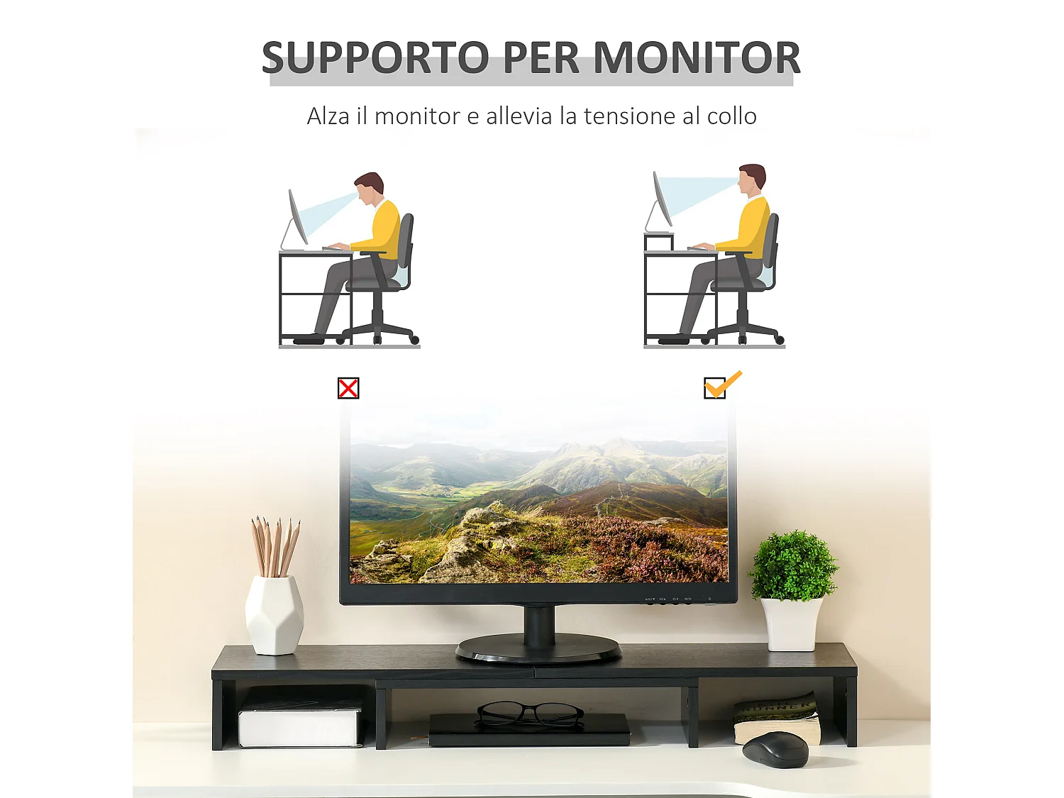 Supporto monitor in mdf nero lunghezza e angolo regolabile
