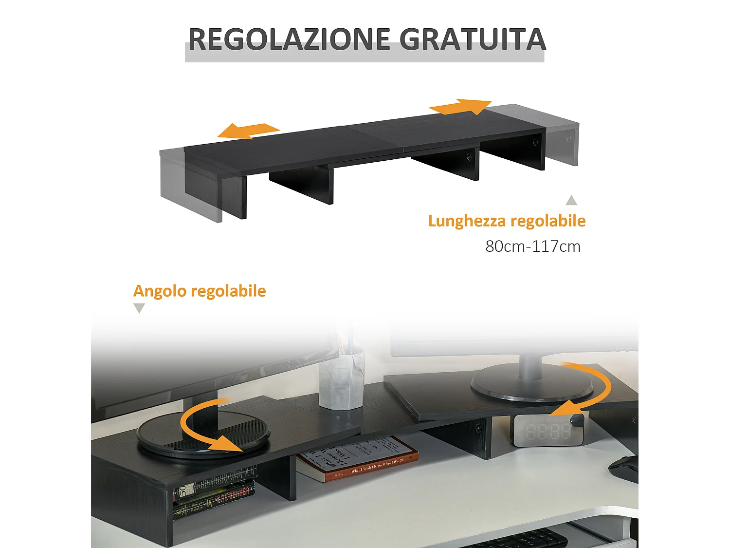 Supporto monitor in mdf nero lunghezza e angolo regolabile