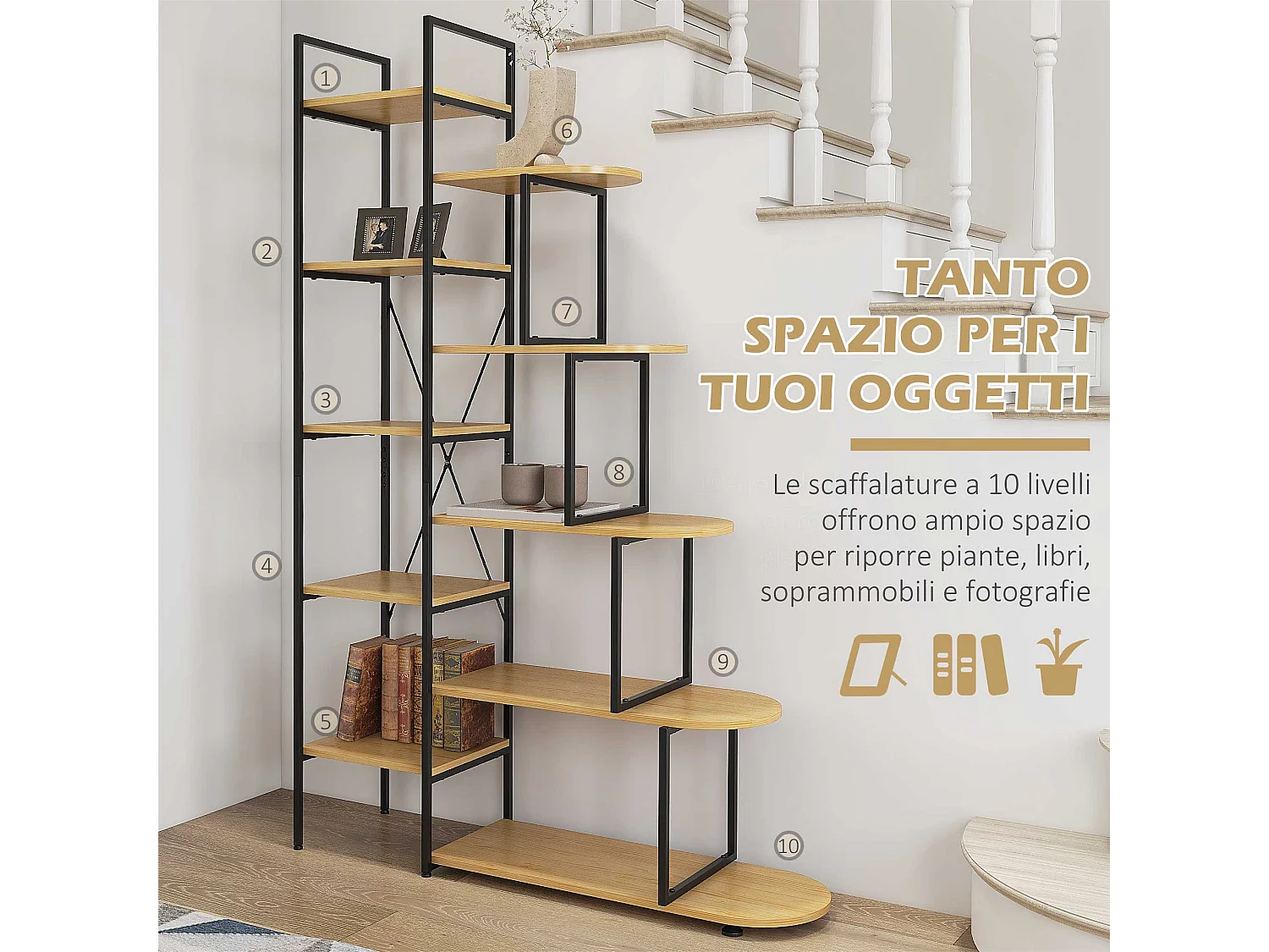 Scaffale libreria a 10 livelli in truciolato e acciaio