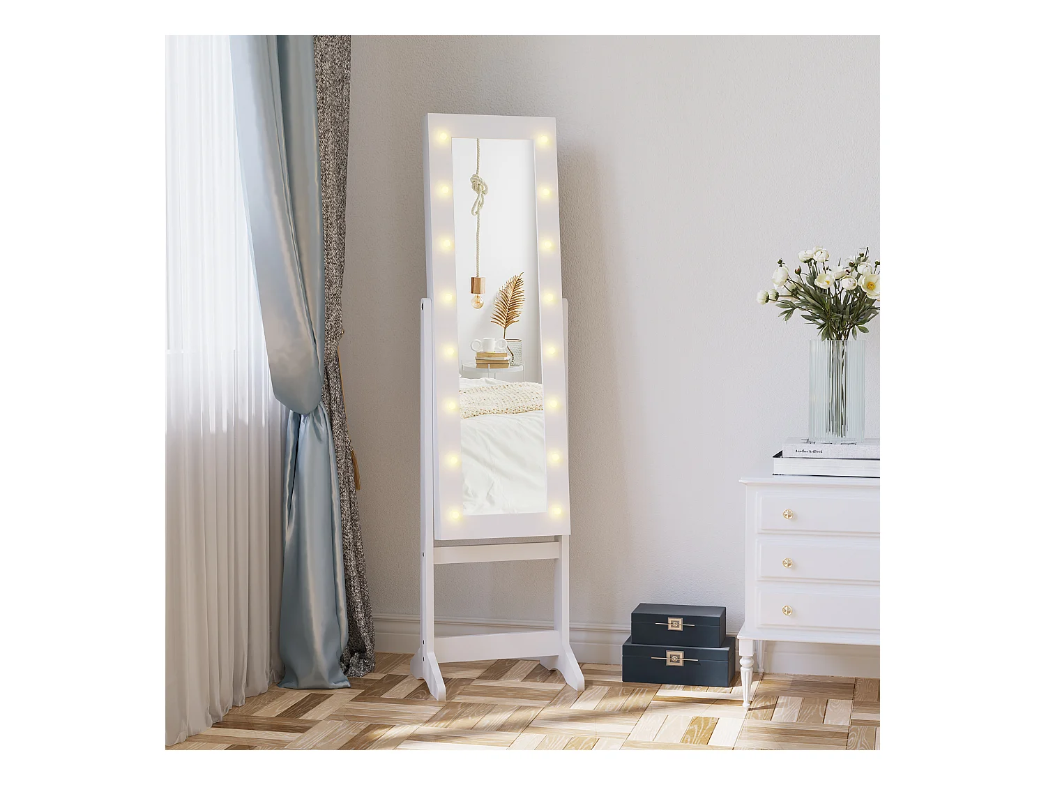 Armadietto portagioie con specchio regolabile e luci led bianco caldo