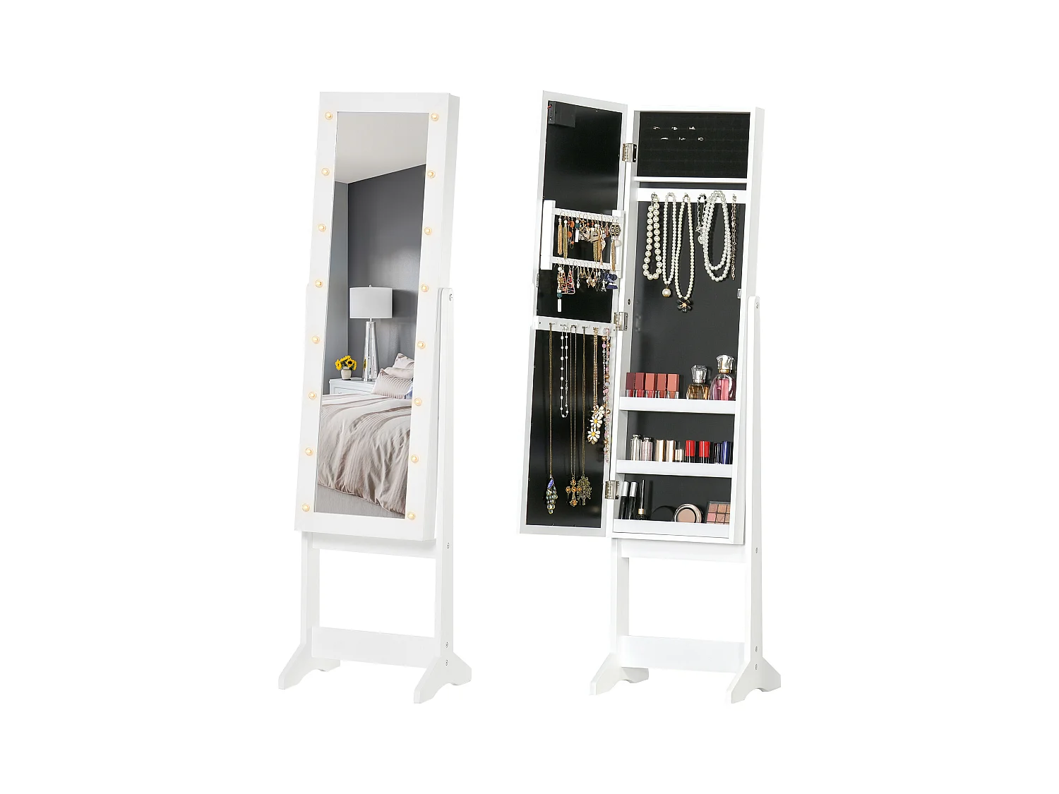 Armadietto portagioie con specchio regolabile e luci led bianco caldo