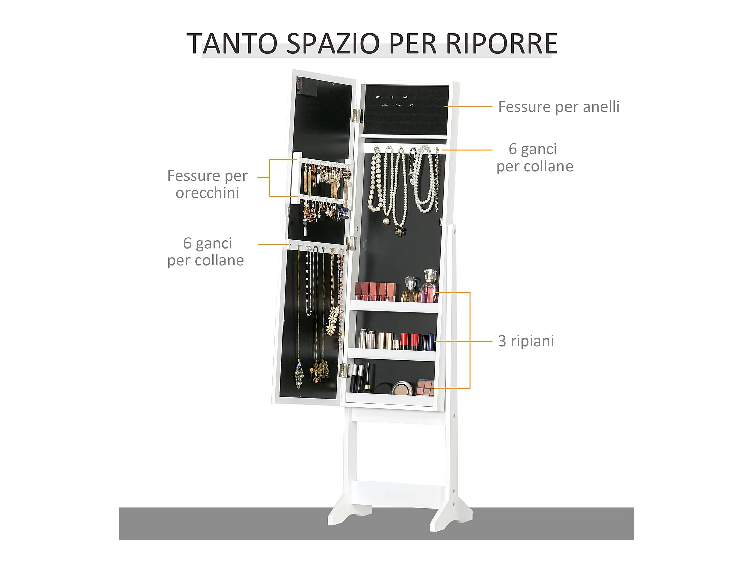 Armadietto portagioie con specchio regolabile e luci led bianco caldo