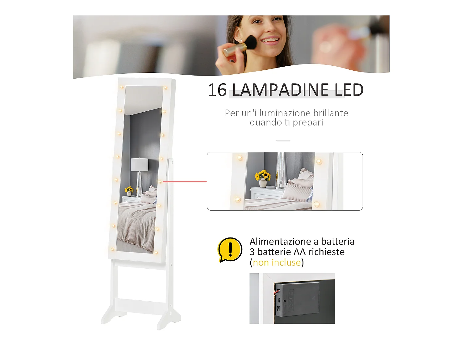 Armadietto portagioie con specchio regolabile e luci led bianco caldo