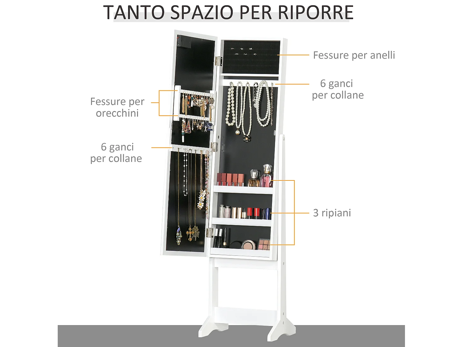 Armadietto portagioie con specchio regolabile e luci led bianco caldo