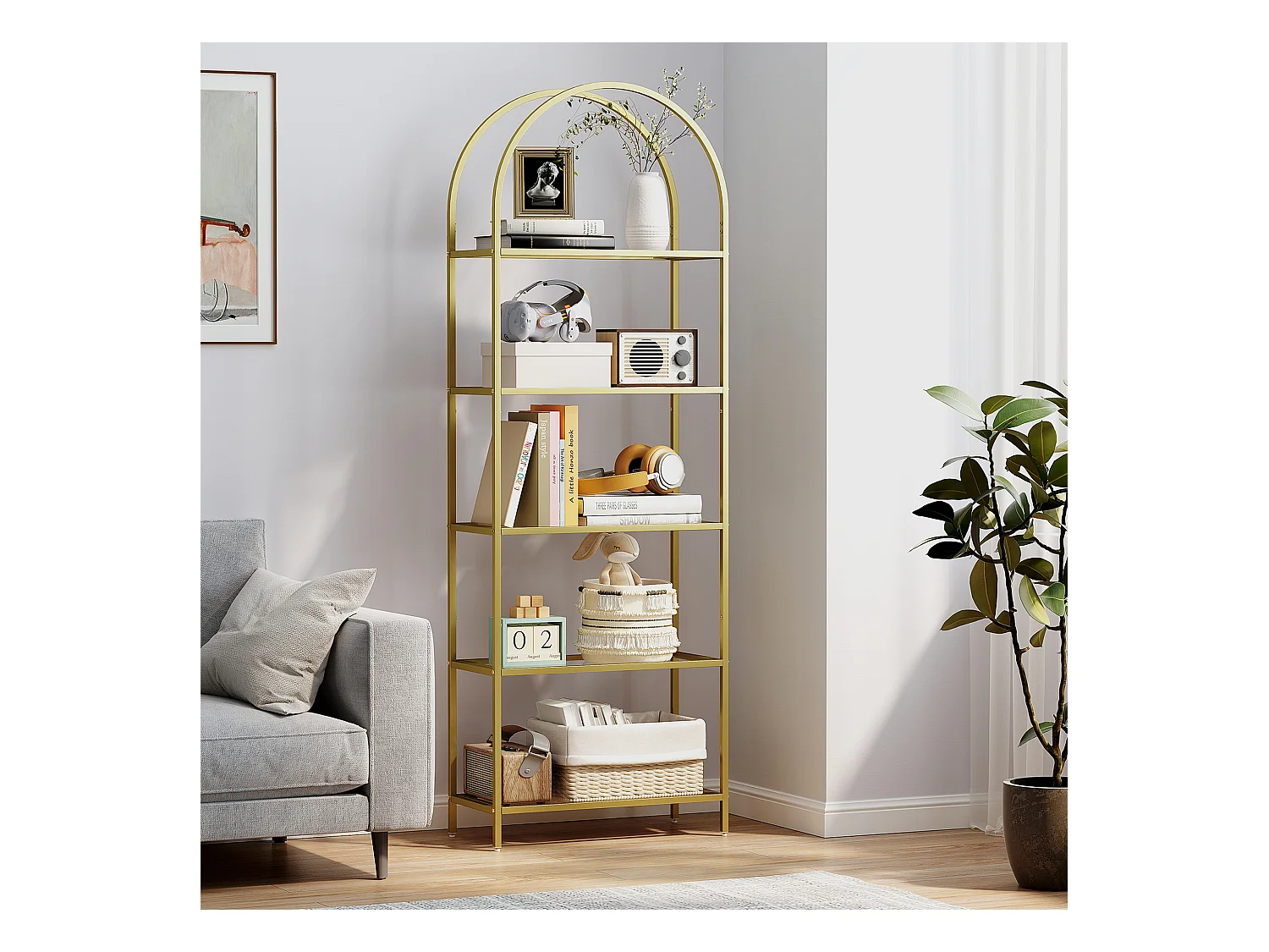 Scaffale portaoggetti ad arco a 5 ripiani in acciaio e vetro temperato