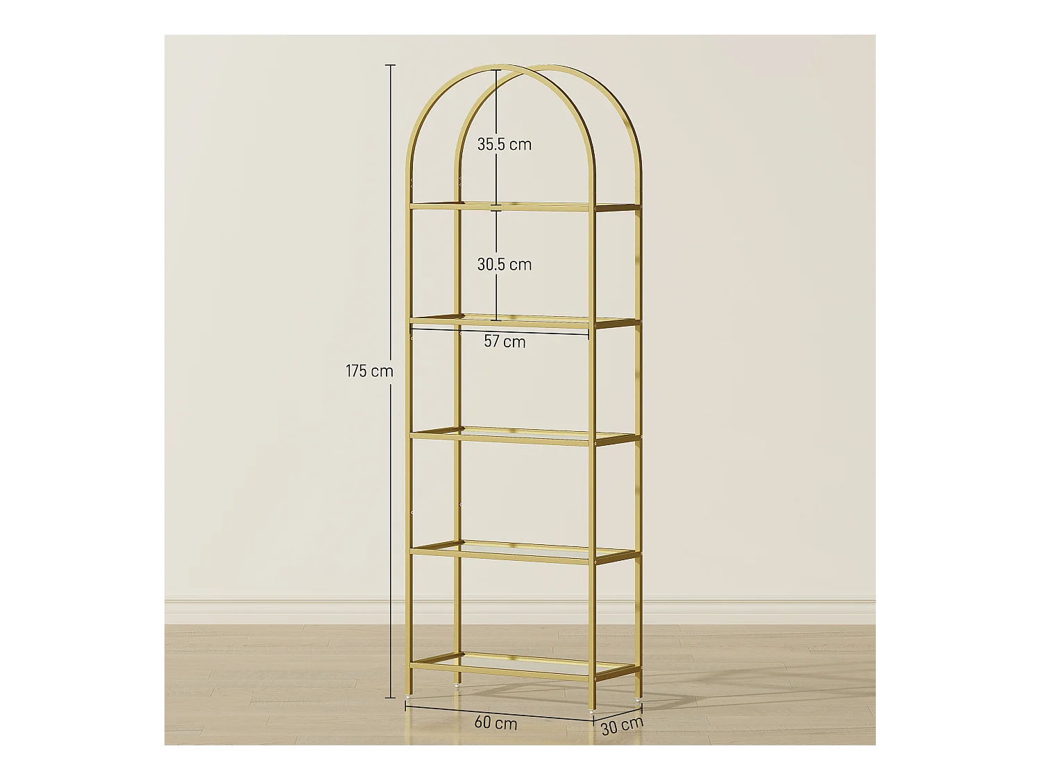 Scaffale portaoggetti ad arco a 5 ripiani in acciaio e vetro temperato
