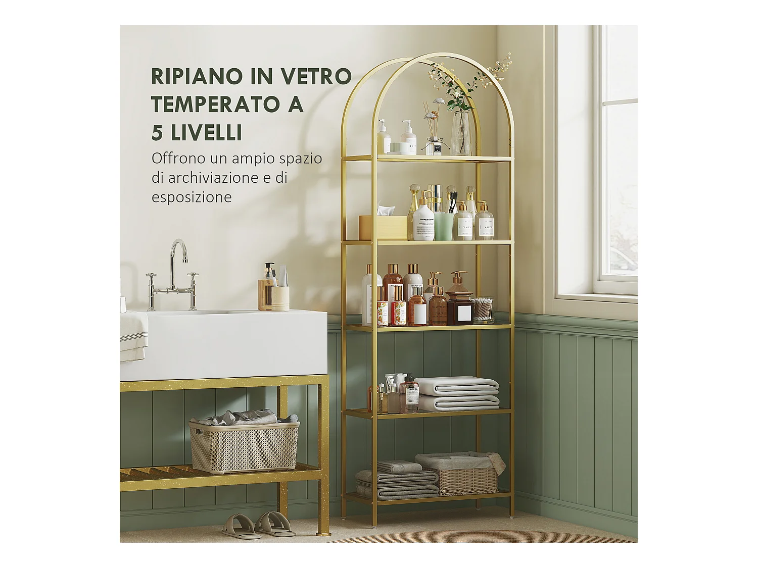 Scaffale portaoggetti ad arco a 5 ripiani in acciaio e vetro temperato