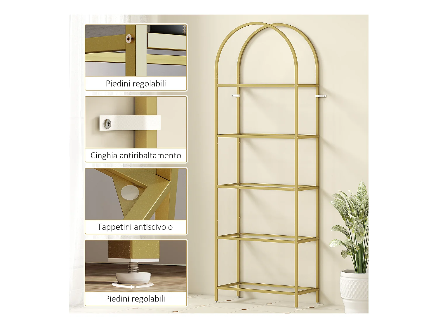 Scaffale portaoggetti ad arco a 5 ripiani in acciaio e vetro temperato