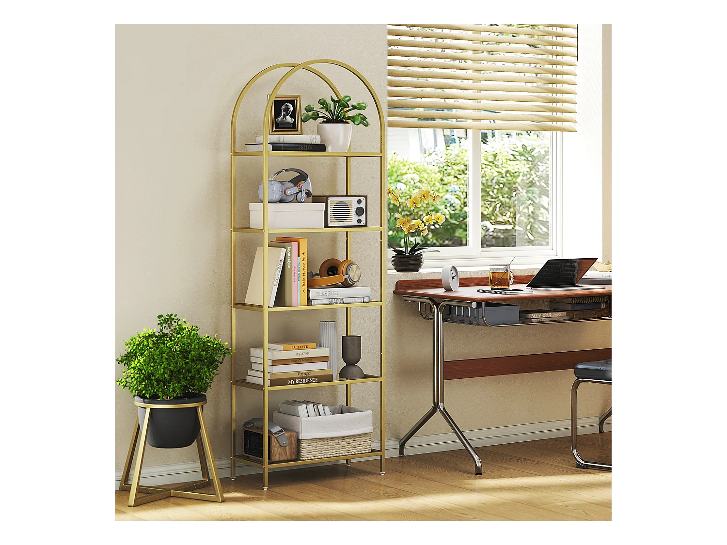 Scaffale portaoggetti ad arco a 5 ripiani in acciaio e vetro temperato