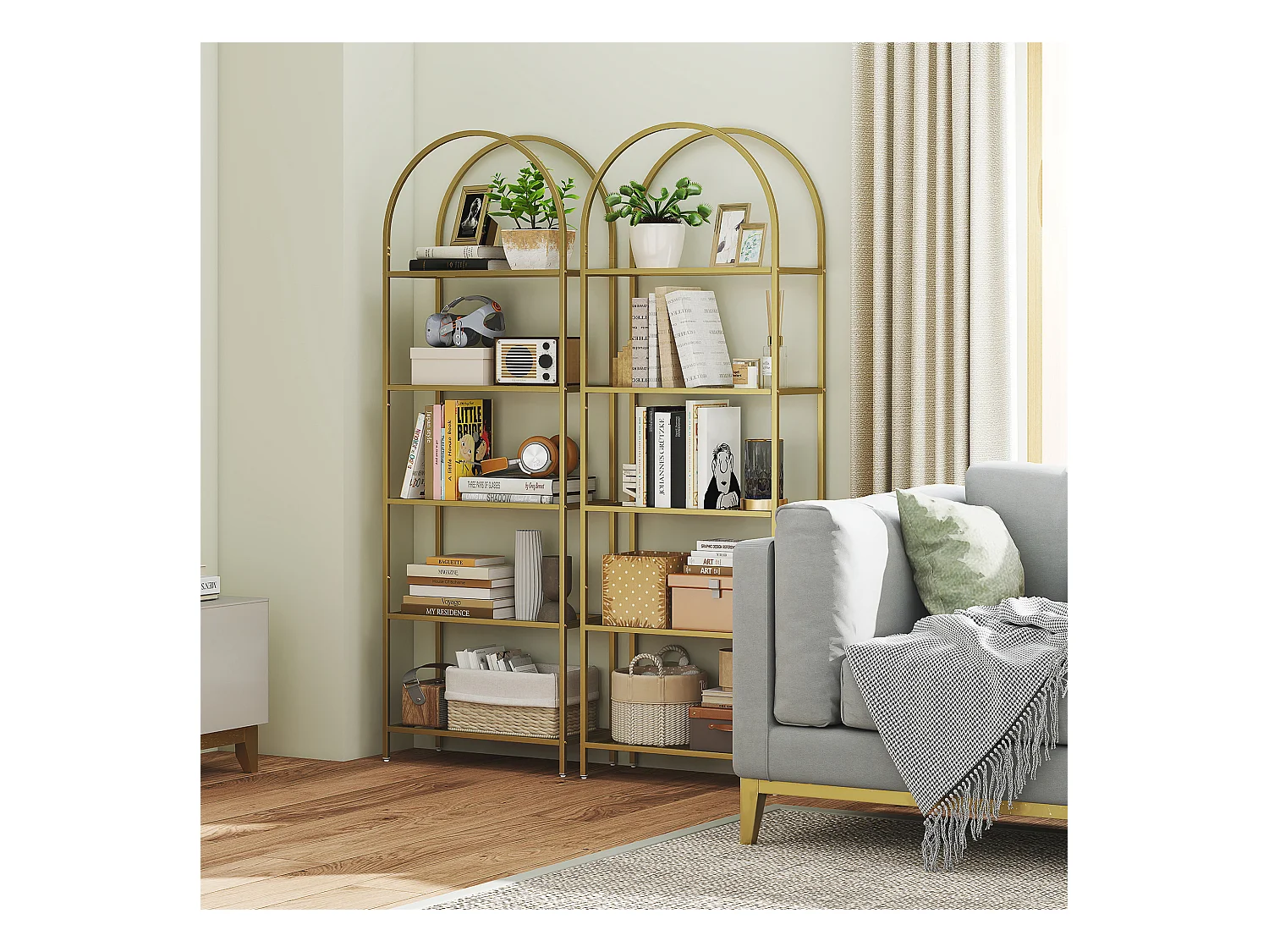 Scaffale portaoggetti ad arco a 5 ripiani in acciaio e vetro temperato