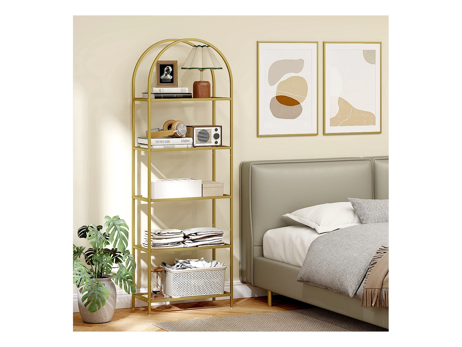 Scaffale portaoggetti ad arco a 5 ripiani in acciaio e vetro temperato