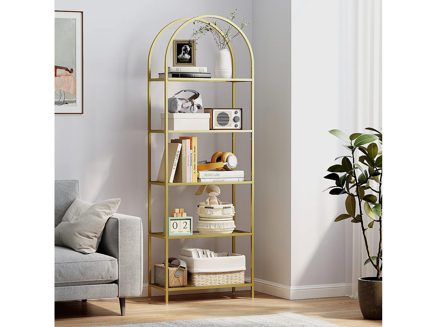 Scaffale portaoggetti ad arco a 5 ripiani in acciaio e vetro temperato