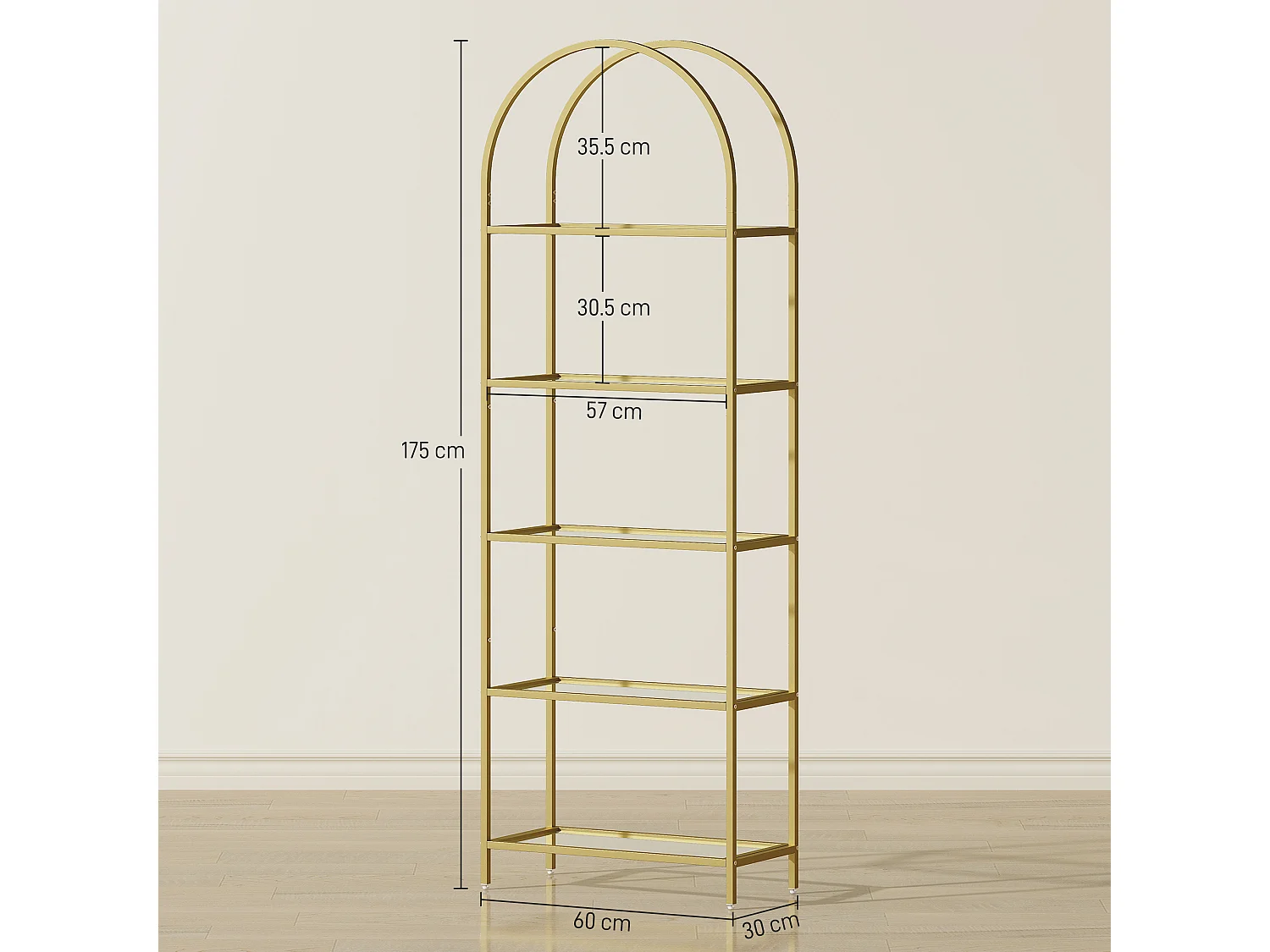 Scaffale portaoggetti ad arco a 5 ripiani in acciaio e vetro temperato