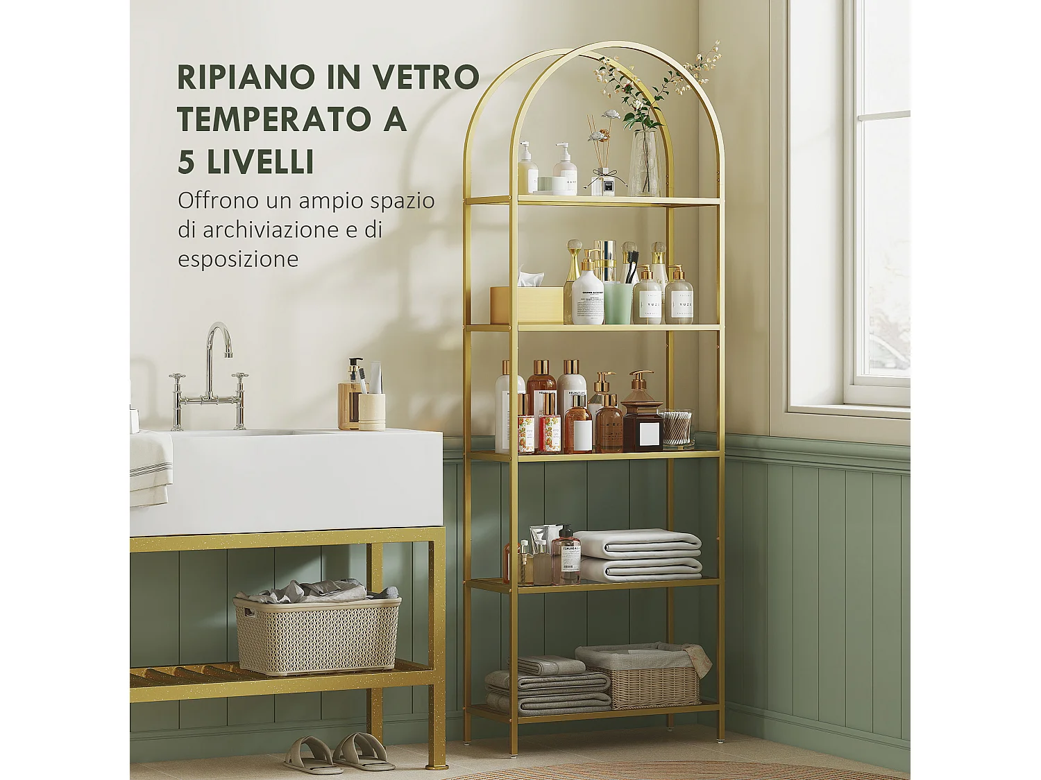 Scaffale portaoggetti ad arco a 5 ripiani in acciaio e vetro temperato