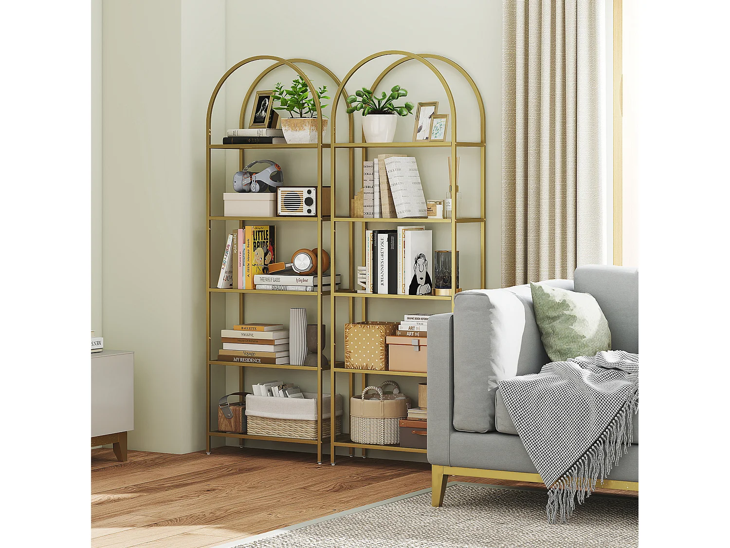 Scaffale portaoggetti ad arco a 5 ripiani in acciaio e vetro temperato