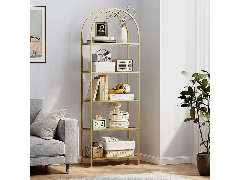 Scaffale portaoggetti ad arco a 5 ripiani in acciaio e vetro temperato