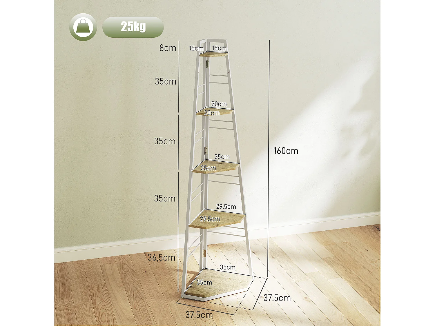 Libreria angolare a 5 ripiani con design pieghevole colore legno