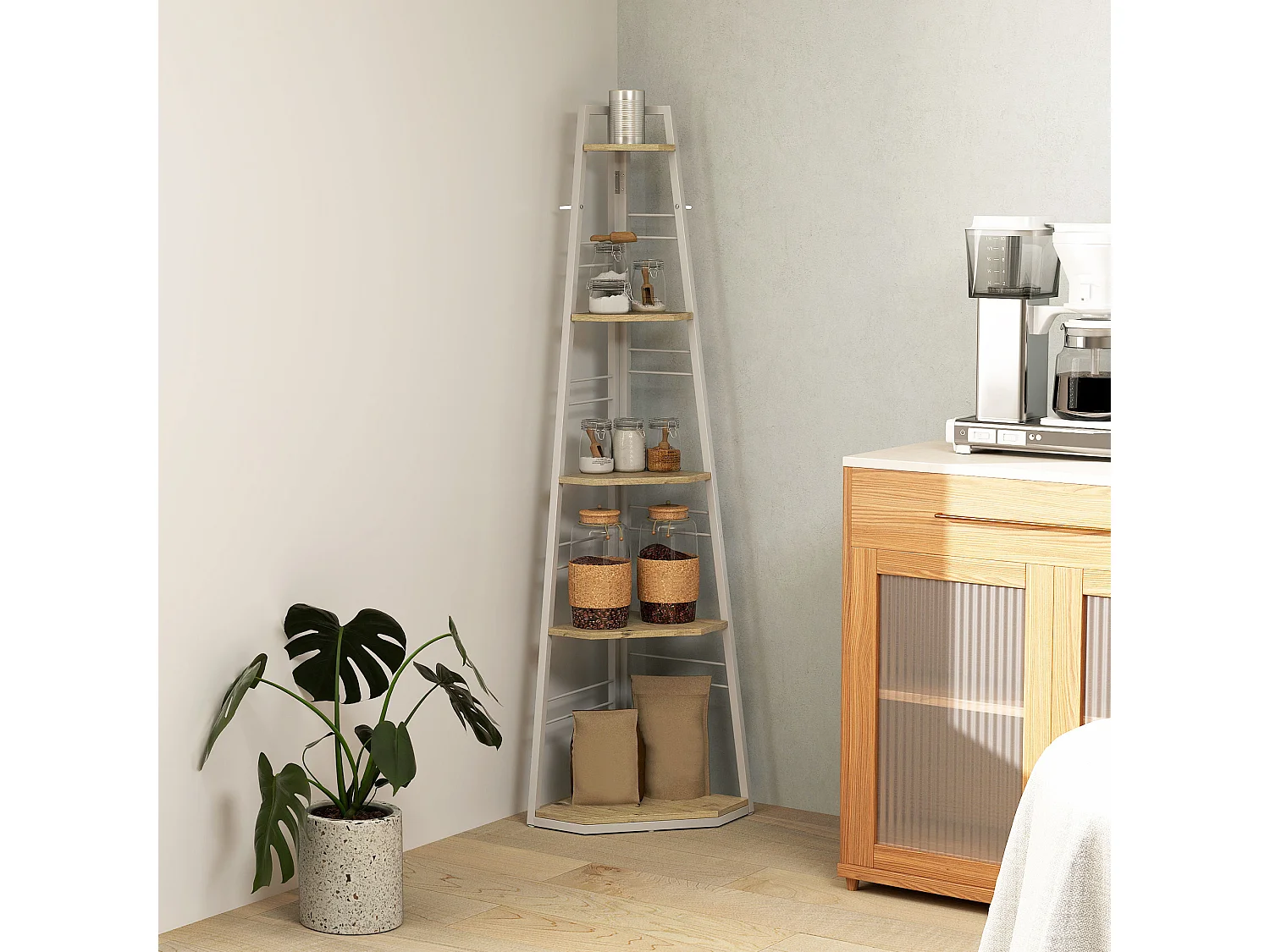 Libreria angolare a 5 ripiani con design pieghevole colore legno