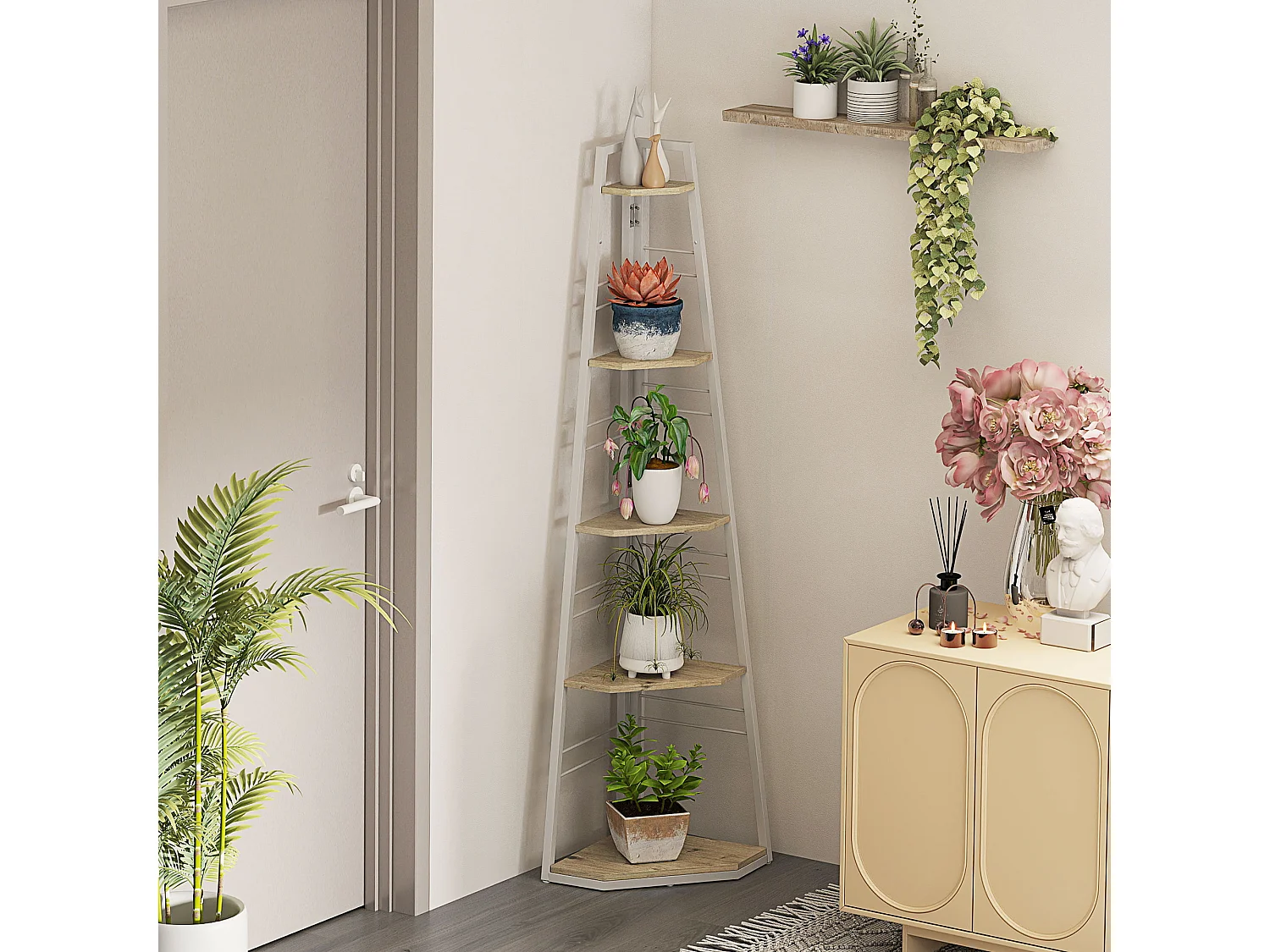 Libreria angolare a 5 ripiani con design pieghevole colore legno