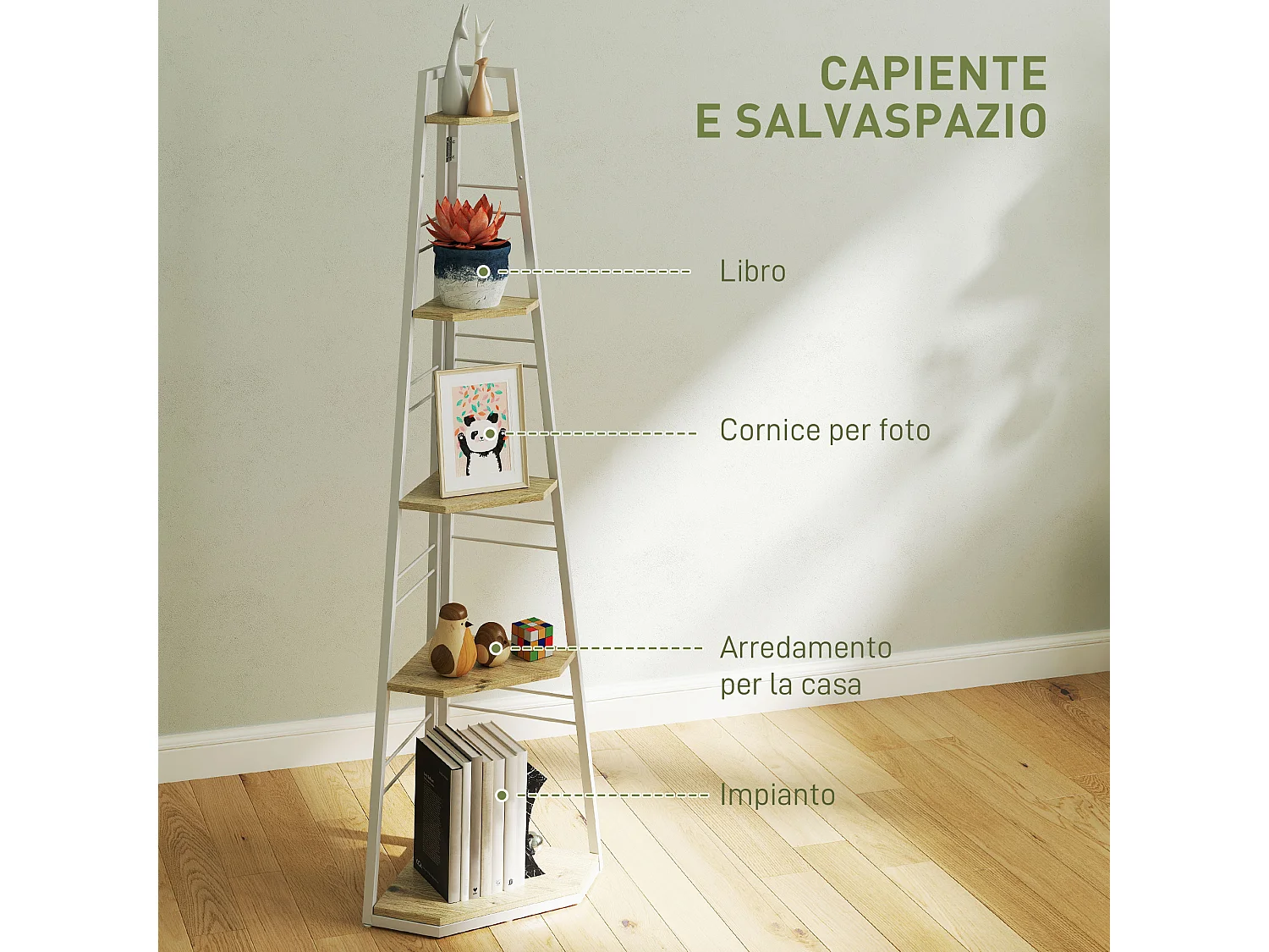 Libreria angolare a 5 ripiani con design pieghevole colore legno