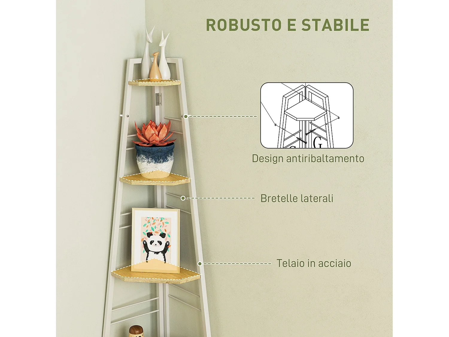 Libreria angolare a 5 ripiani con design pieghevole colore legno