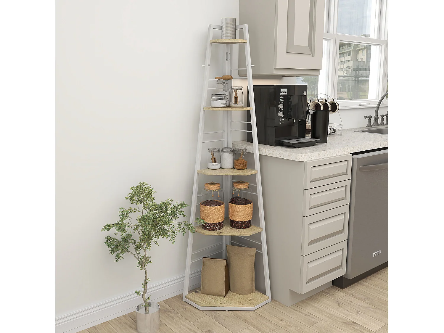 Libreria angolare a 5 ripiani con design pieghevole colore legno