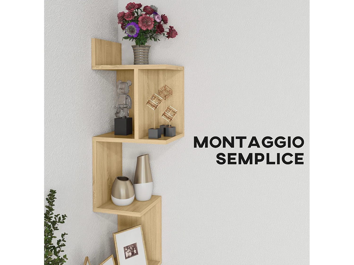 Mensola portaoggetti in mdf con ripiani aperti color rovere