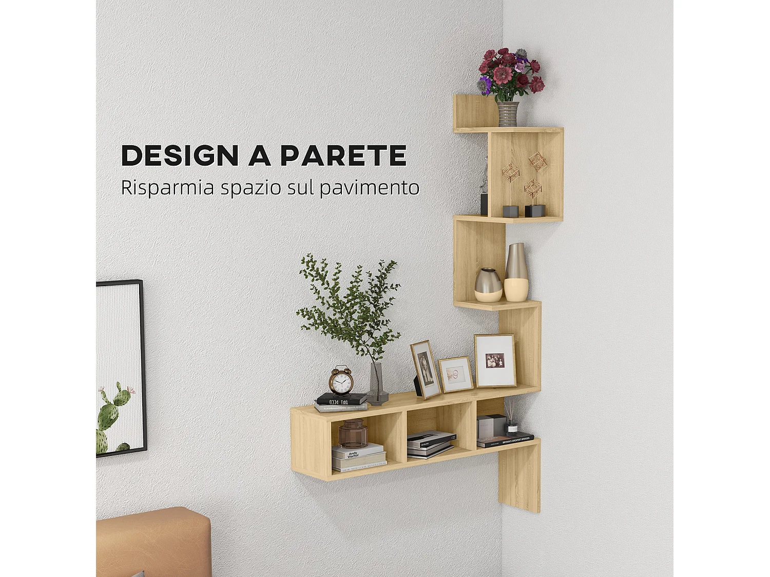 Mensola portaoggetti in mdf con ripiani aperti color rovere
