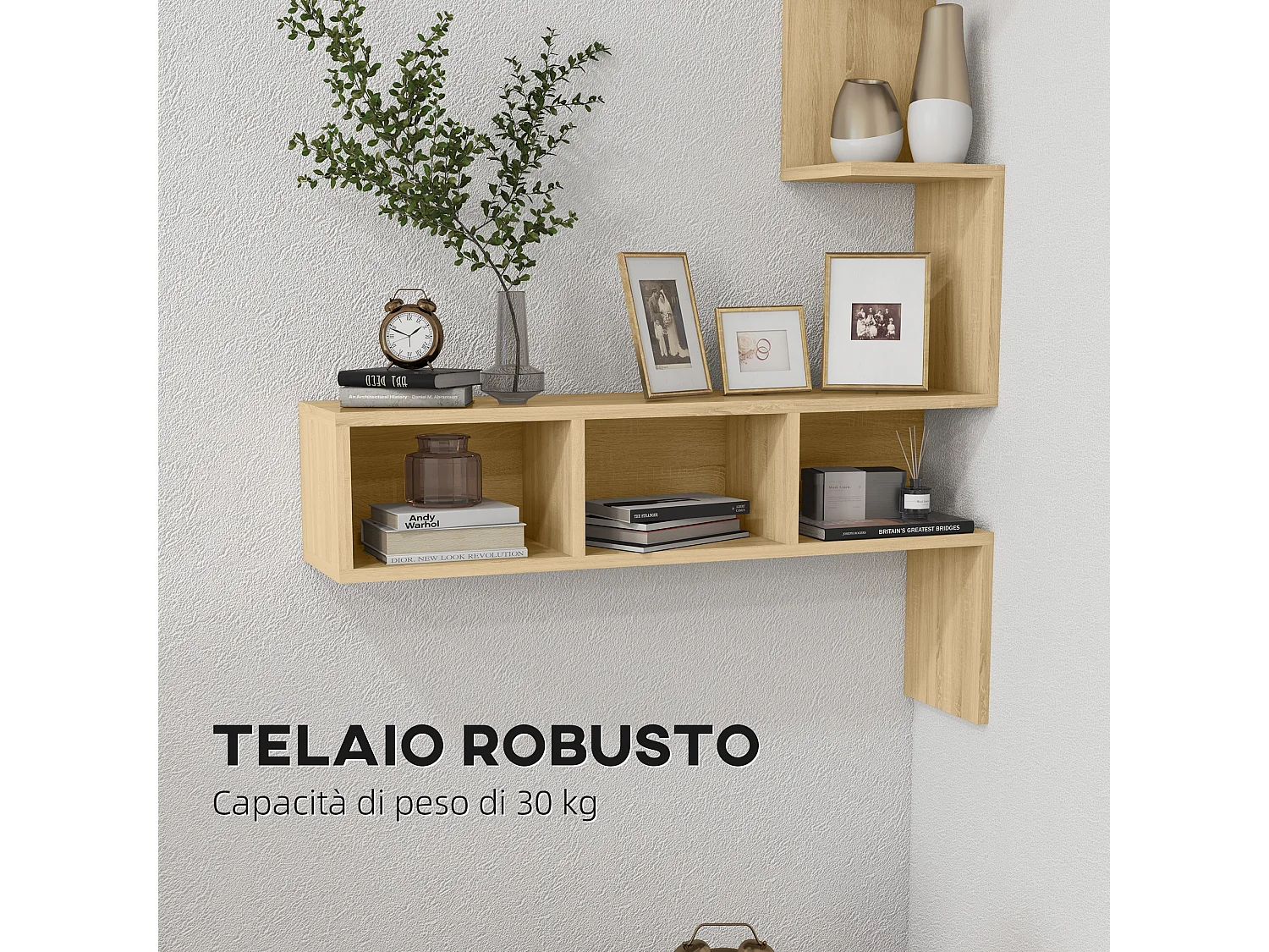 Mensola portaoggetti in mdf con ripiani aperti color rovere