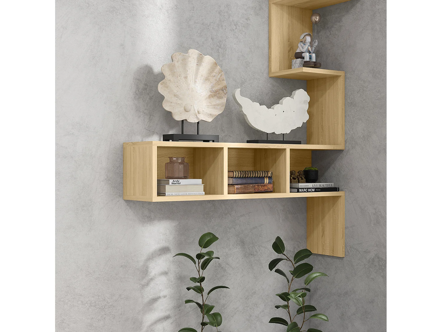 Mensola portaoggetti in mdf con ripiani aperti color rovere