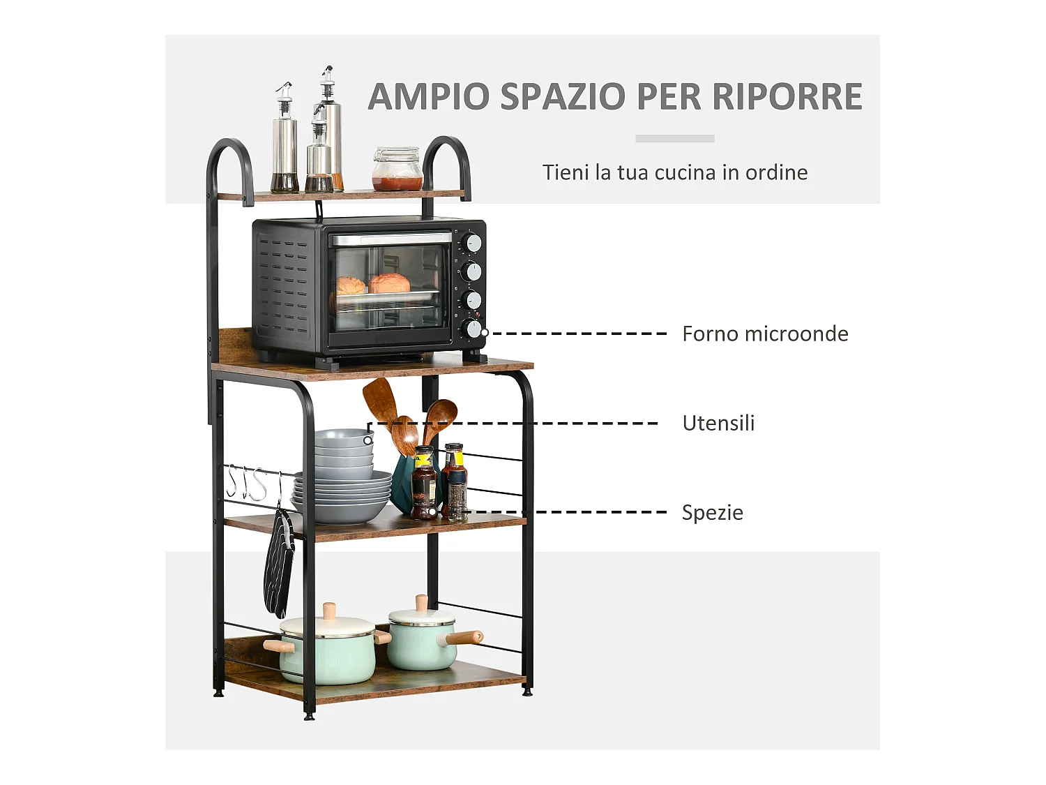 Mobiletto per microonde 4 ripiani in acciaio e legno 60x40x125cm