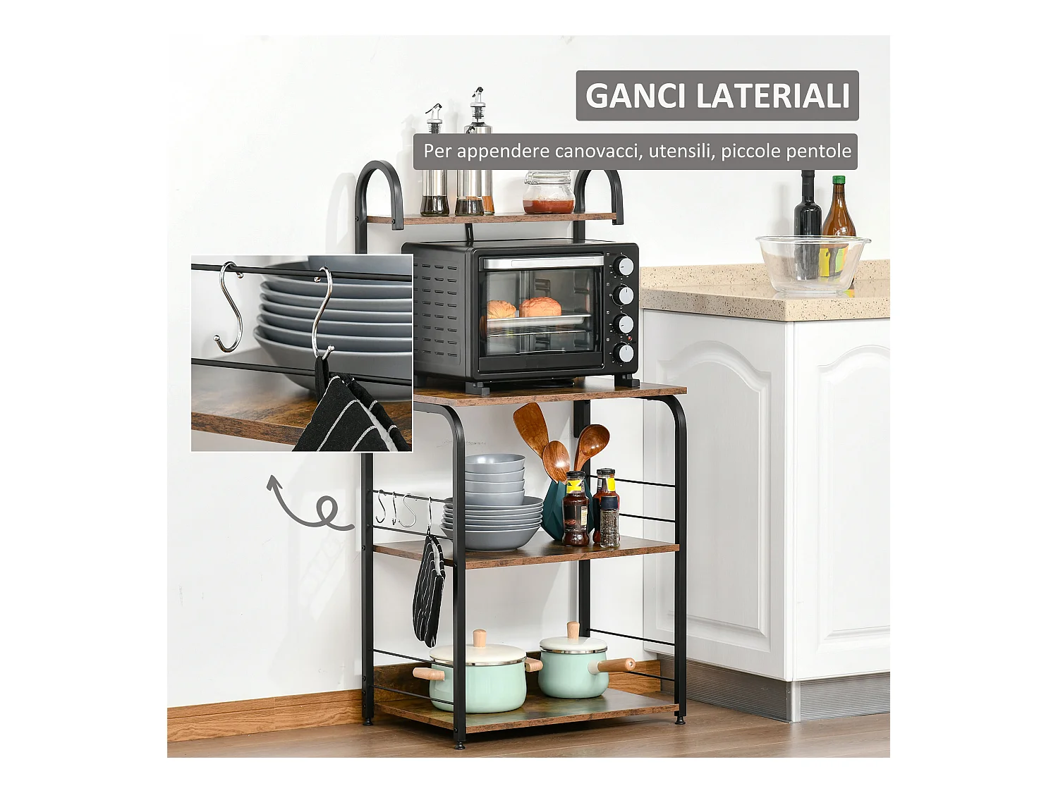 Mobiletto per microonde 4 ripiani in acciaio e legno 60x40x125cm