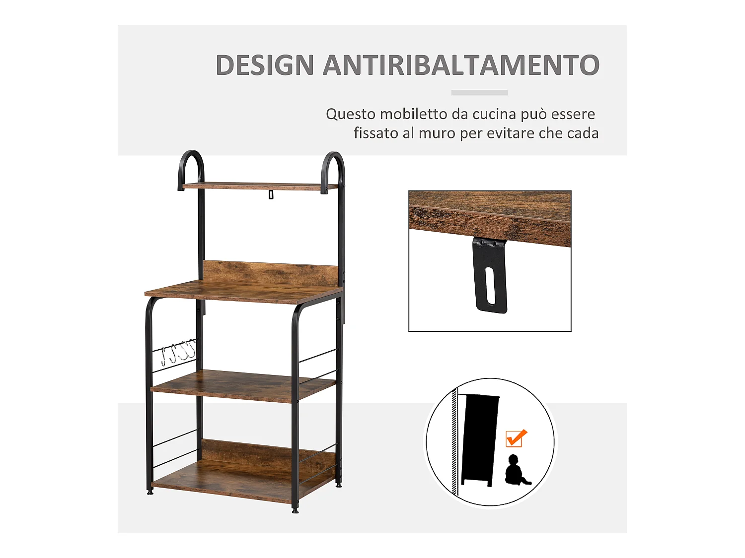 Mobiletto per microonde 4 ripiani in acciaio e legno 60x40x125cm