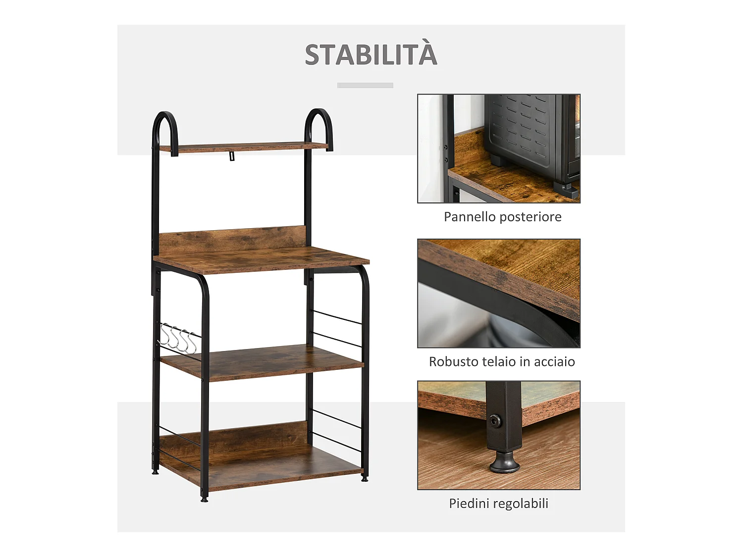 Mobiletto per microonde 4 ripiani in acciaio e legno 60x40x125cm