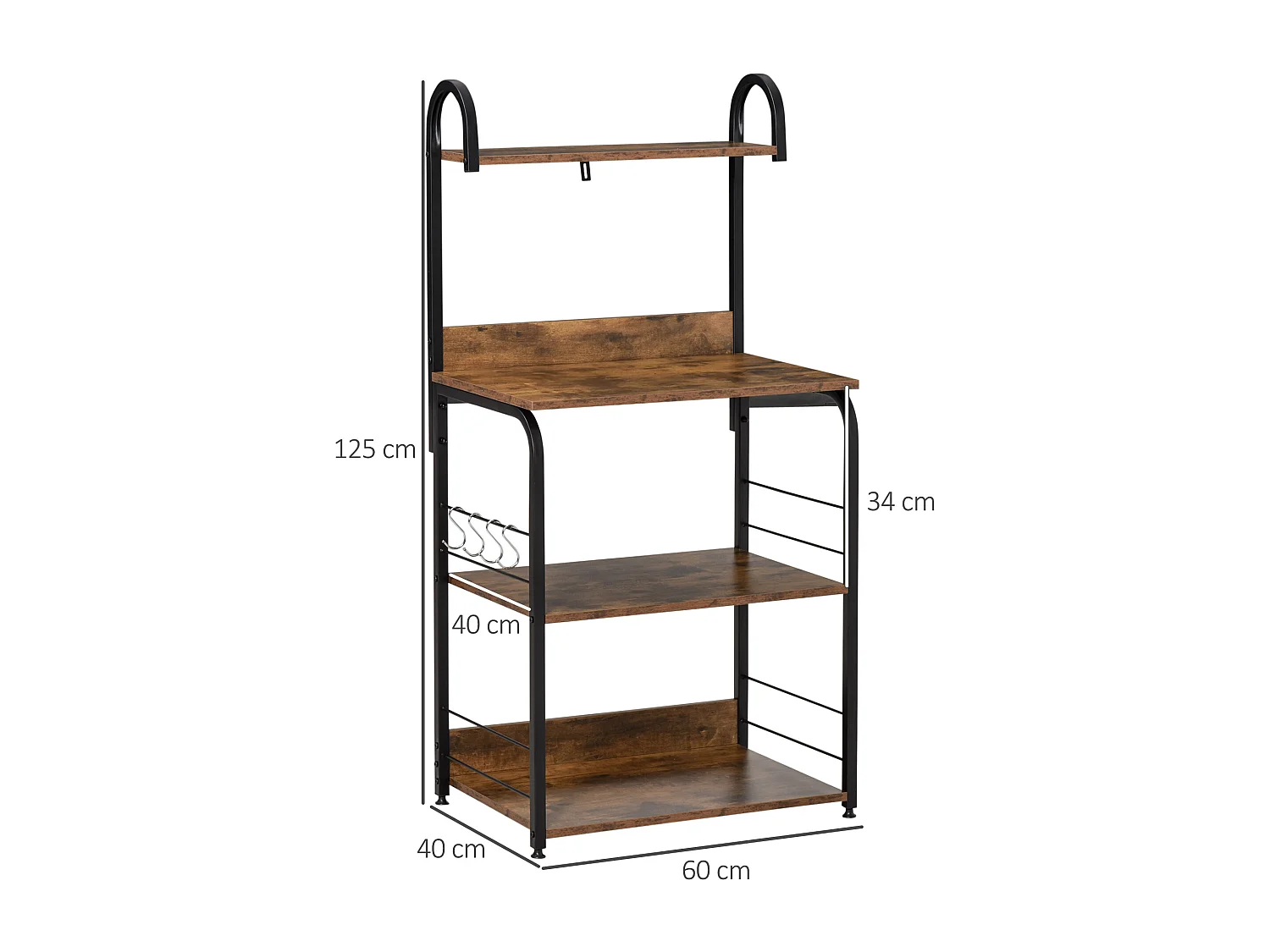 Mobiletto per microonde 4 ripiani in acciaio e legno 60x40x125cm