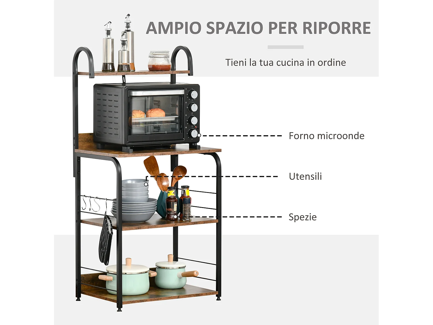 Mobiletto per microonde 4 ripiani in acciaio e legno 60x40x125cm