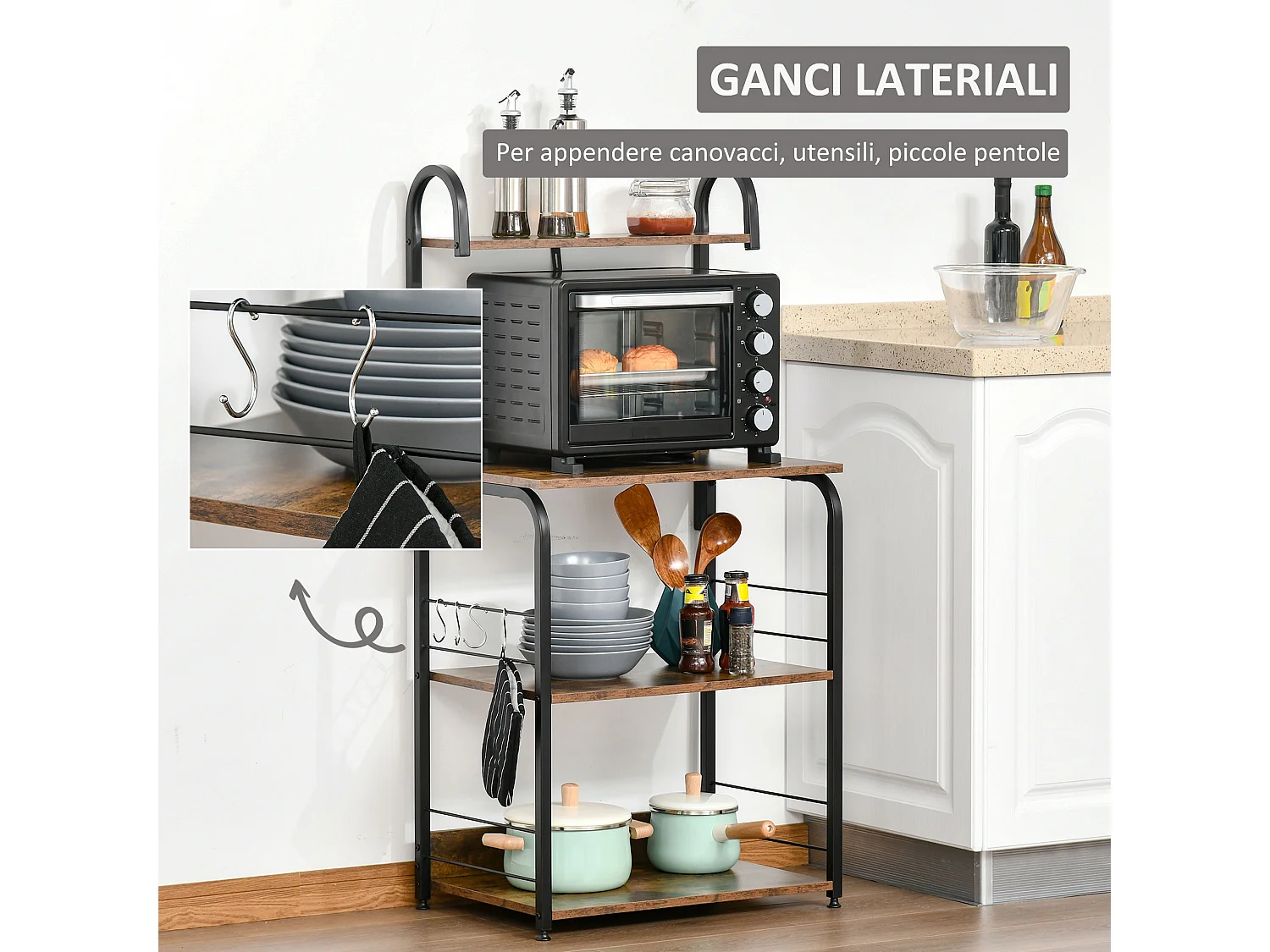 Mobiletto per microonde 4 ripiani in acciaio e legno 60x40x125cm