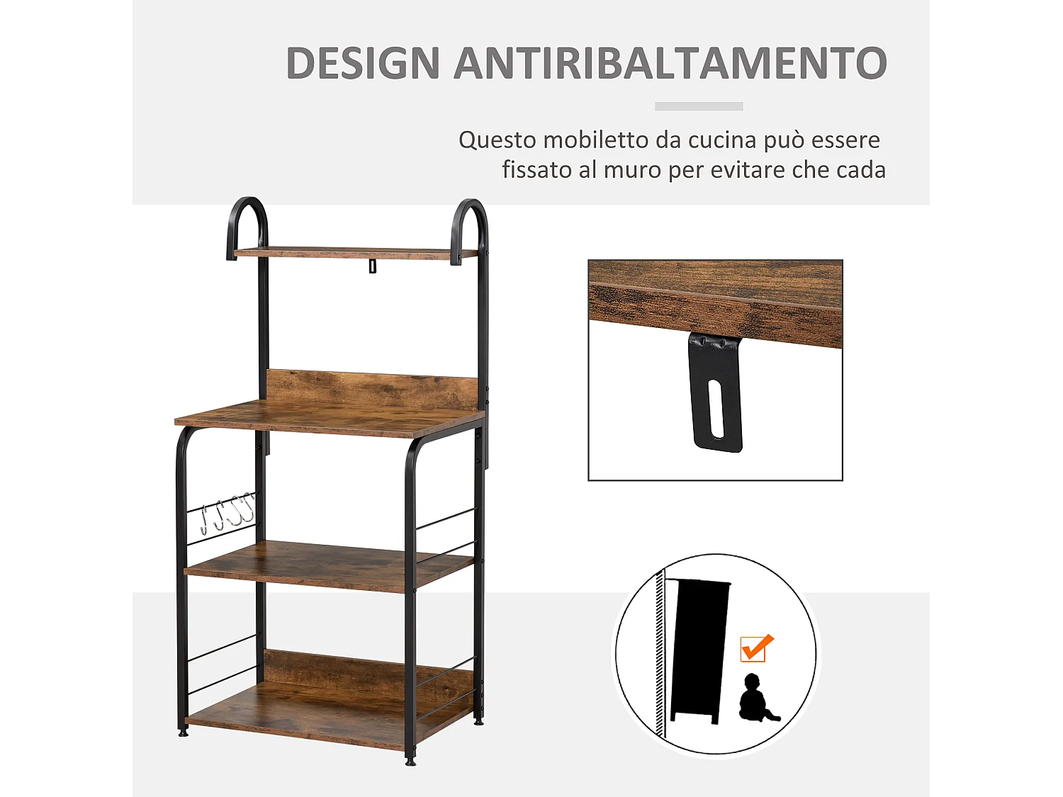 Mobiletto per microonde 4 ripiani in acciaio e legno 60x40x125cm