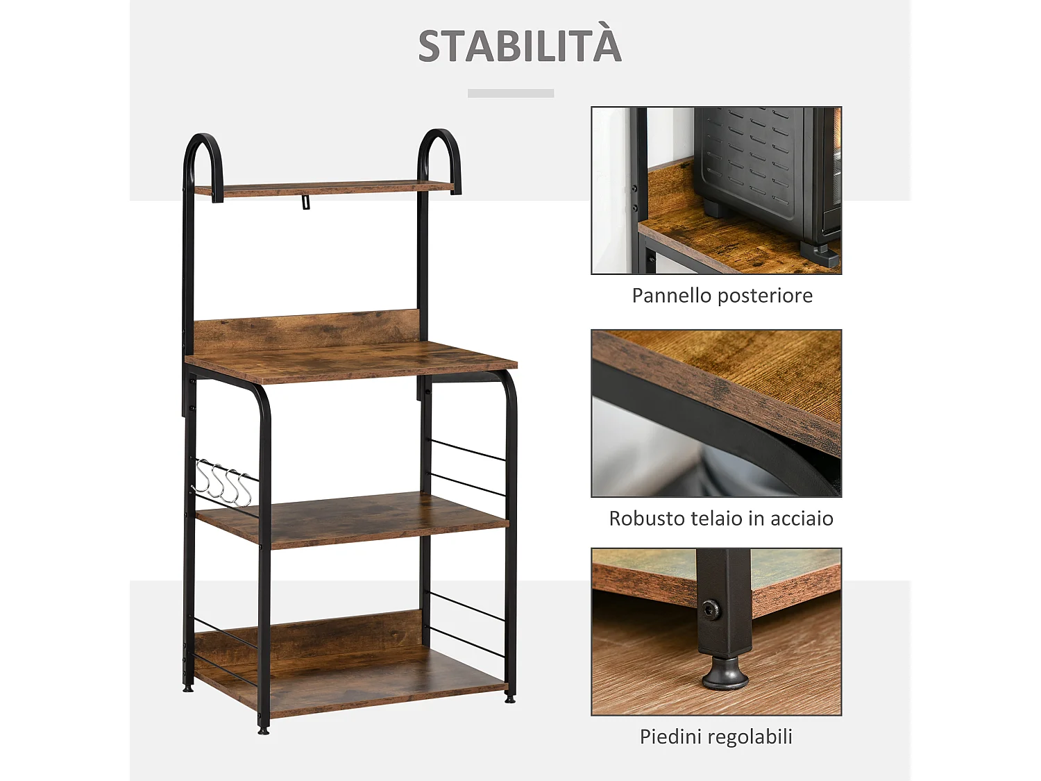 Mobiletto per microonde 4 ripiani in acciaio e legno 60x40x125cm